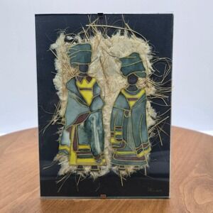 Rina Art Glass Panel Two Figures Goat African Tribal Scene Framed Mixed Media
